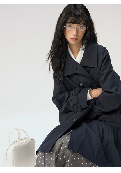 [CAN] "Azure Echoes" Navy Double-Breasted Bow Long Trench Coat