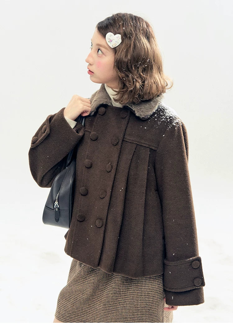 "Berlin Snowfall" Double-Breasted Quilted Wool-Blend Peacoat (Ivory/ Chocolate Brown)