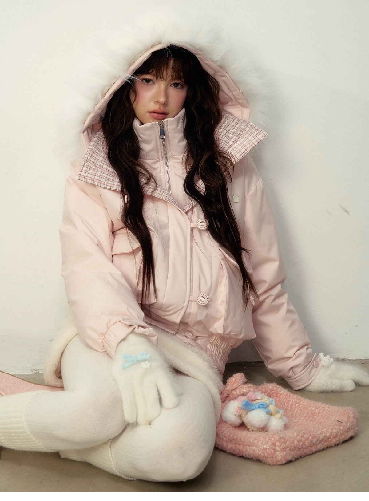 SunsetPark - Blush Pink & Plaid 90% White Duck Down Puffer Jacket (Short / Long / Navy / Glacier Blue)