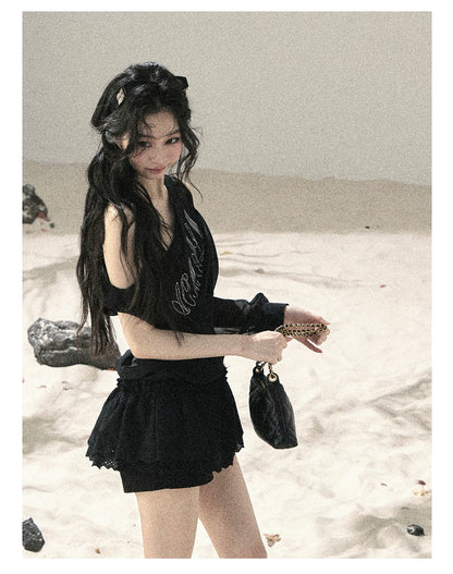 "Scattered Starlight" Midnight Black Off-Shoulder Mesh Waist-Cinched Top