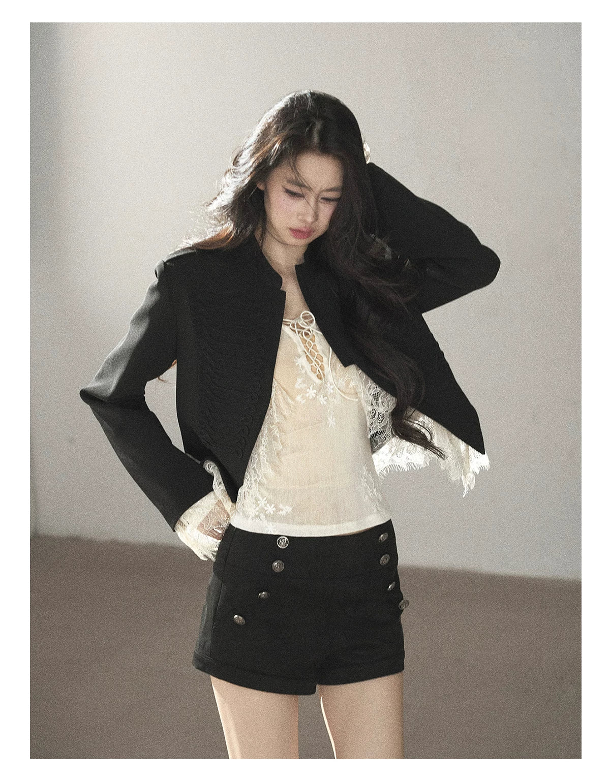 AOMALM - Black Lace Trim Cropped Jacket & Shorts Set
