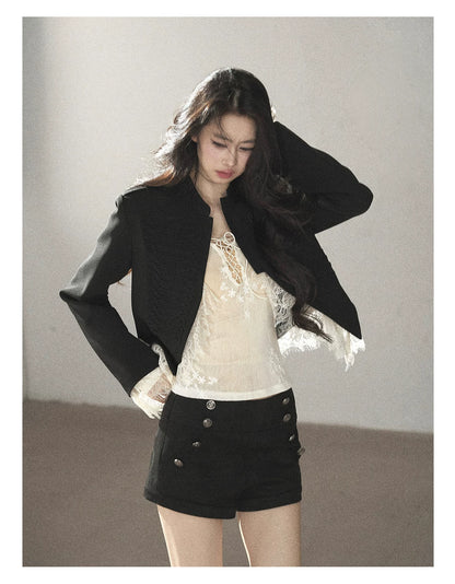 AOMALM - Black Lace Trim Cropped Jacket & Shorts Set