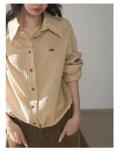 AOMALM - "Autumn Botanicals" Amber Yellow Striped Shirt & Wrap Faux Half-Skirt Set