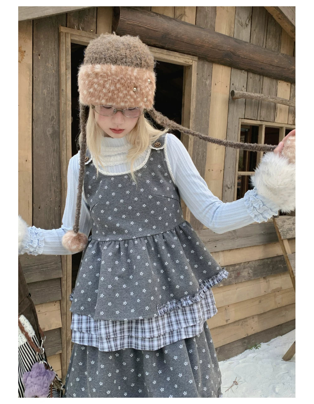RF - Gray Floral Pinafore Top and Plaid Ruffle Skirt Set