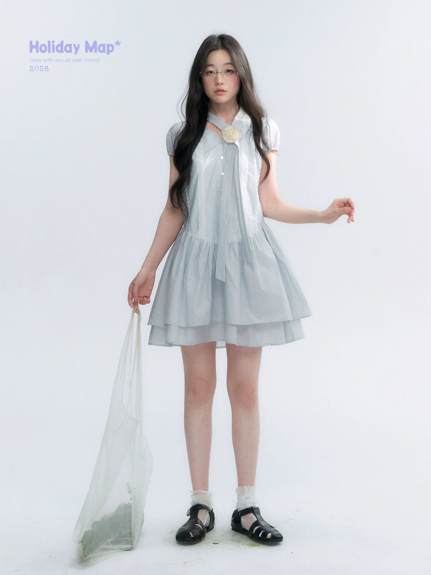 "Cedar Salt" Cool Moon Blue Lace Trim Puff Sleeve Dress