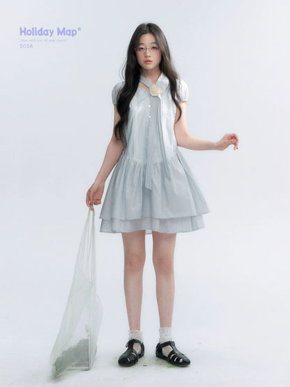 "Cedar Salt" Cool Moon Blue Lace Trim Puff Sleeve Dress