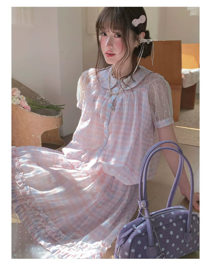 [RF] “Rainbow Cotton Candy” Blue & Pink Plaid Two-Piece Set