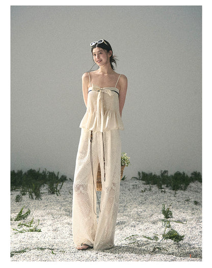 “Wandering Here” Milk Apricot Openwork Wide-Leg Pants
