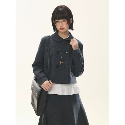 "First Day of Spring" Charcoal Gray Bow Blazer & Asymmetrical Skirt Set