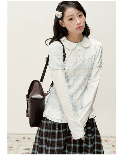 [RF] Star Blue Faux Two-Piece Lace-Trim Blouse with Peter Pan Collar