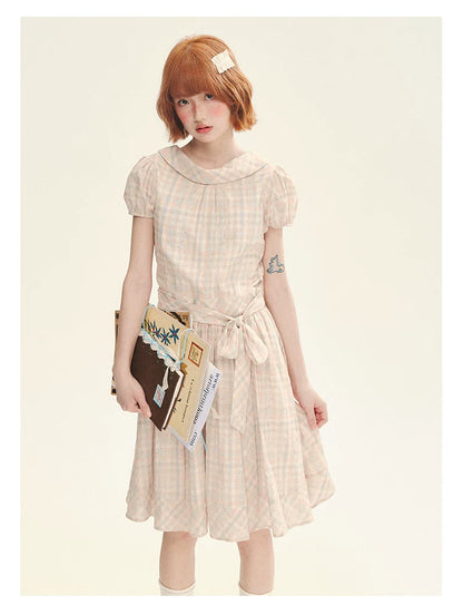 "Showa Girl" Vintage Plaid Floral Print Peter Pan Collar Bow Waist-Defined A-Line Dress