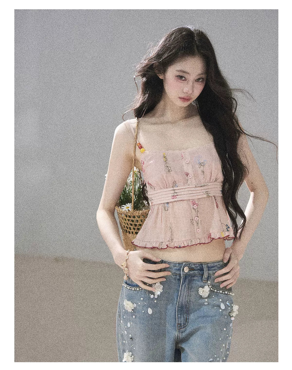 "Starlit Grace" Mist Blue Handmade Floral Wide-Leg Jeans