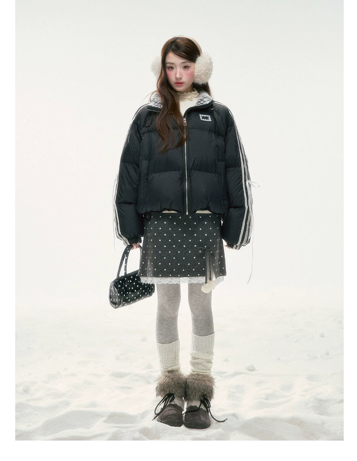 BIBIBENCY - Black Lace-Trimmed 90% White Duck Down Puffer Jacket