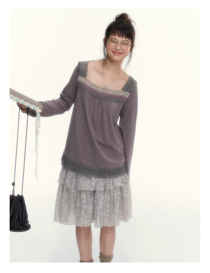 Misty Gray Pink Vintage Lace Tiered A-Line Skirt