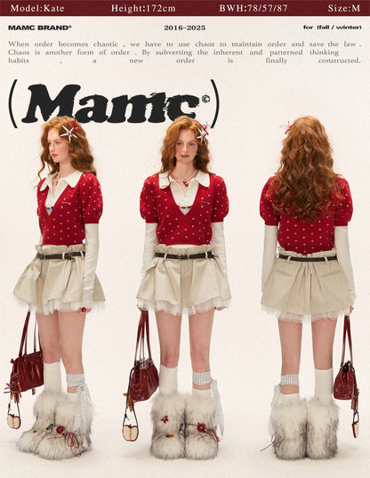 MAMC - Vintage Crochet V-Neck Puff Sleeve Sweater WE837 - RED