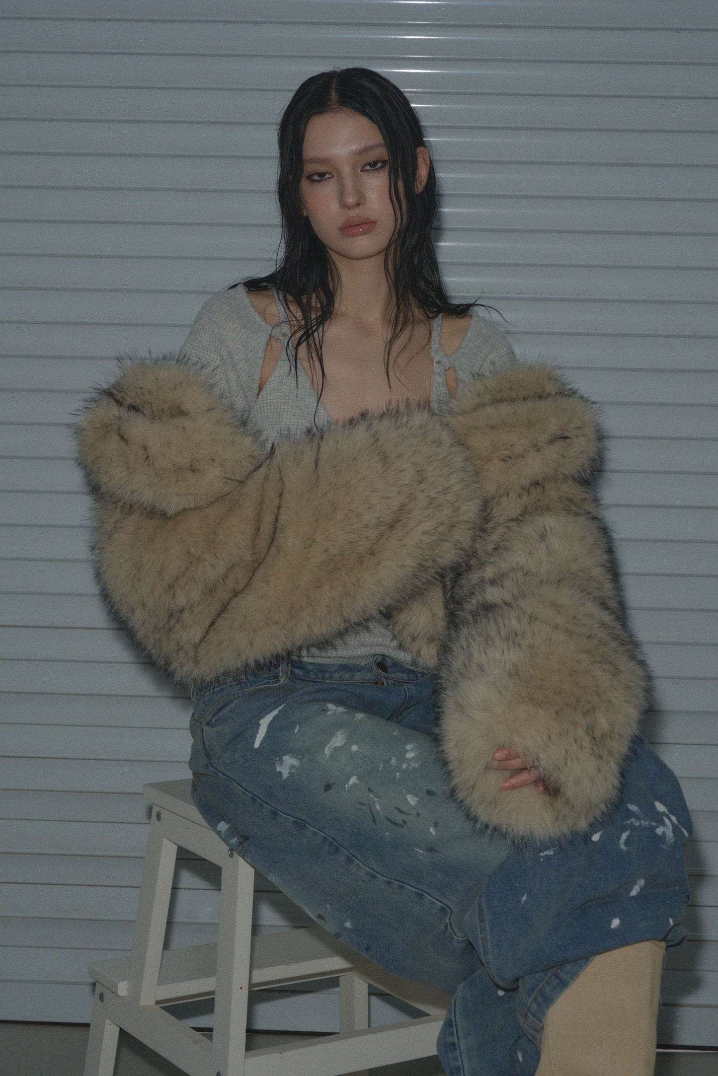 Muirgen - Y2K Tipped Faux Camel Hair Shawl Cropped Jacket