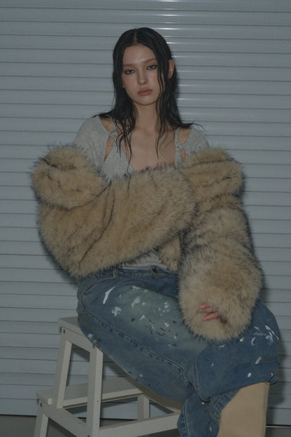 Muirgen - Y2K Tipped Faux Camel Hair Shawl Cropped Jacket