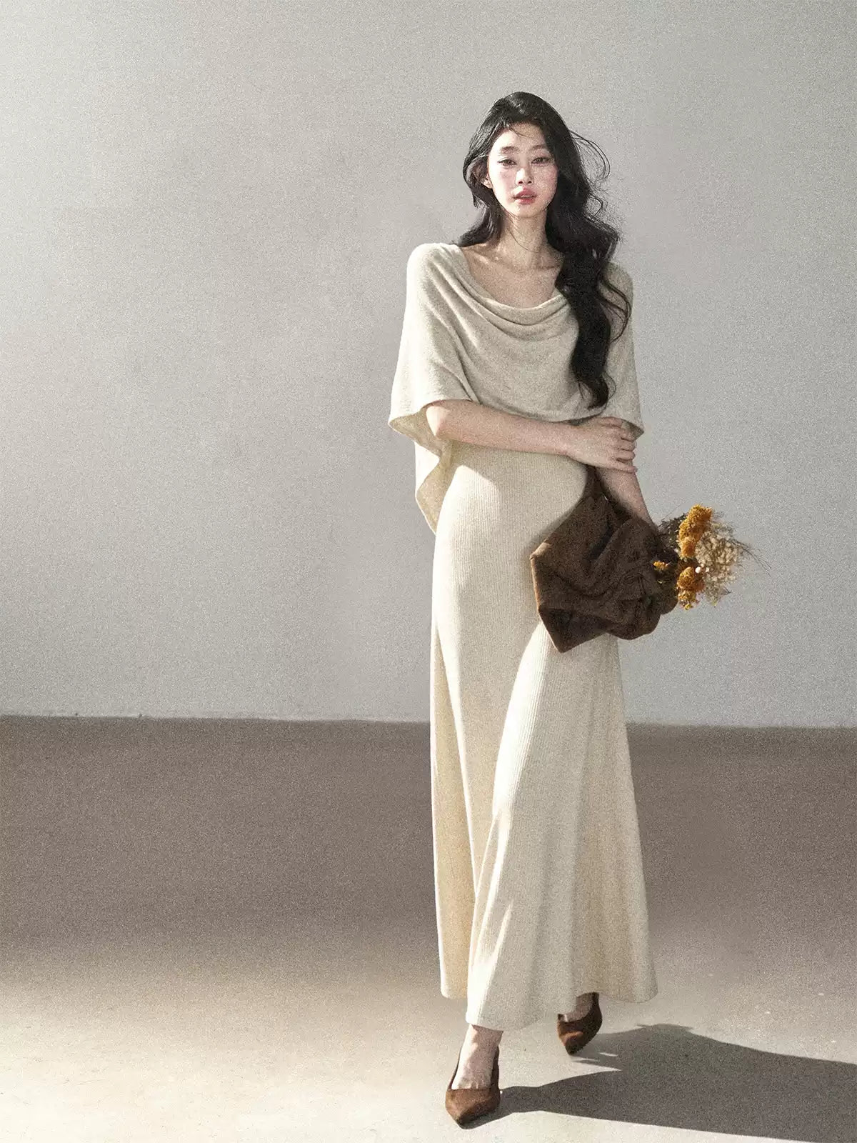 AOMALM - French-Inspired Two-Piece Maxi Dress Set with Layered Cape Overlay