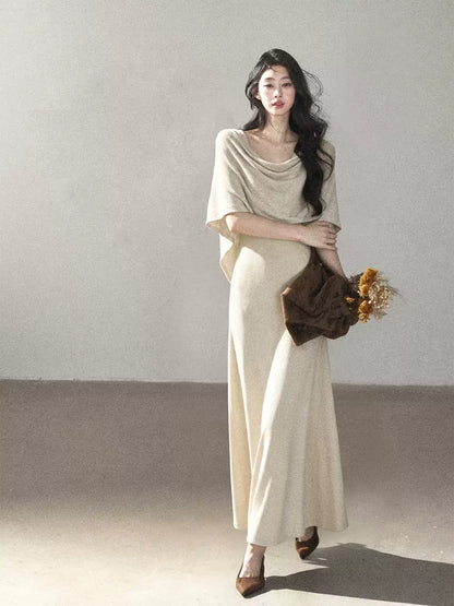 AOMALM - French-Inspired Two-Piece Maxi Dress Set with Layered Cape Overlay