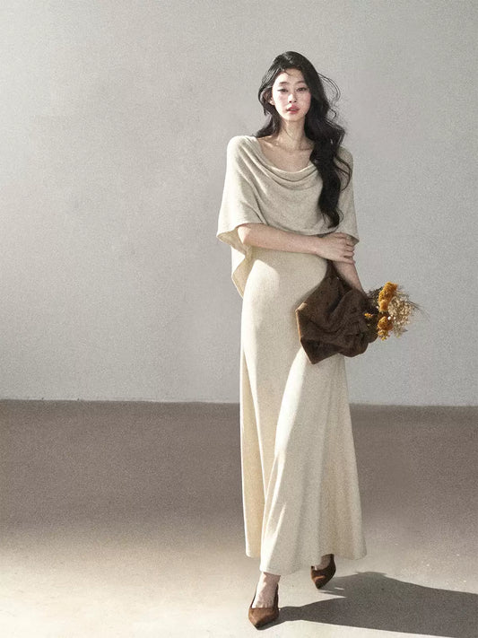 AOMALM - French-Inspired Two-Piece Maxi Dress Set with Layered Cape Overlay