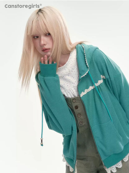 [CAN] Green Lace-Trim Waffle Knit Zip-Up Hoodie