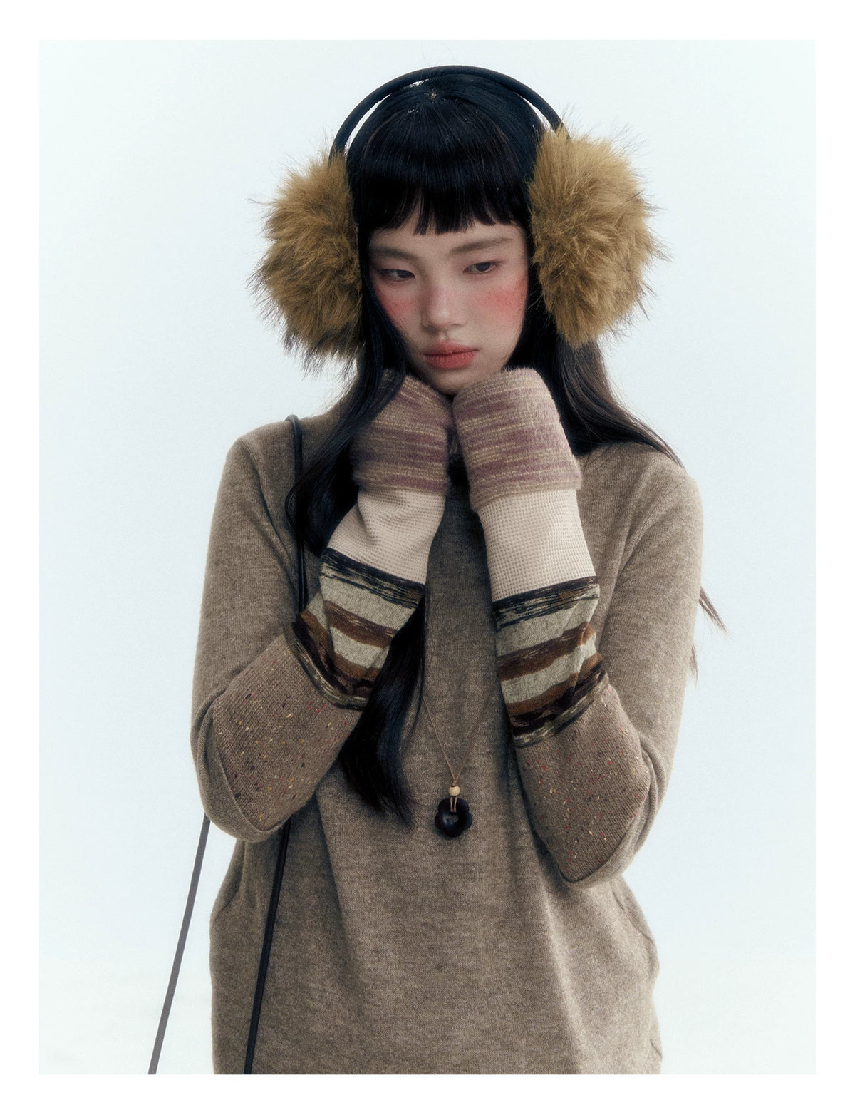 Horridale - Light Brown Colorblock High Cowl Neck Long Sleeve Top
