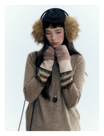 Horridale - Light Brown Colorblock High Cowl Neck Long Sleeve Top