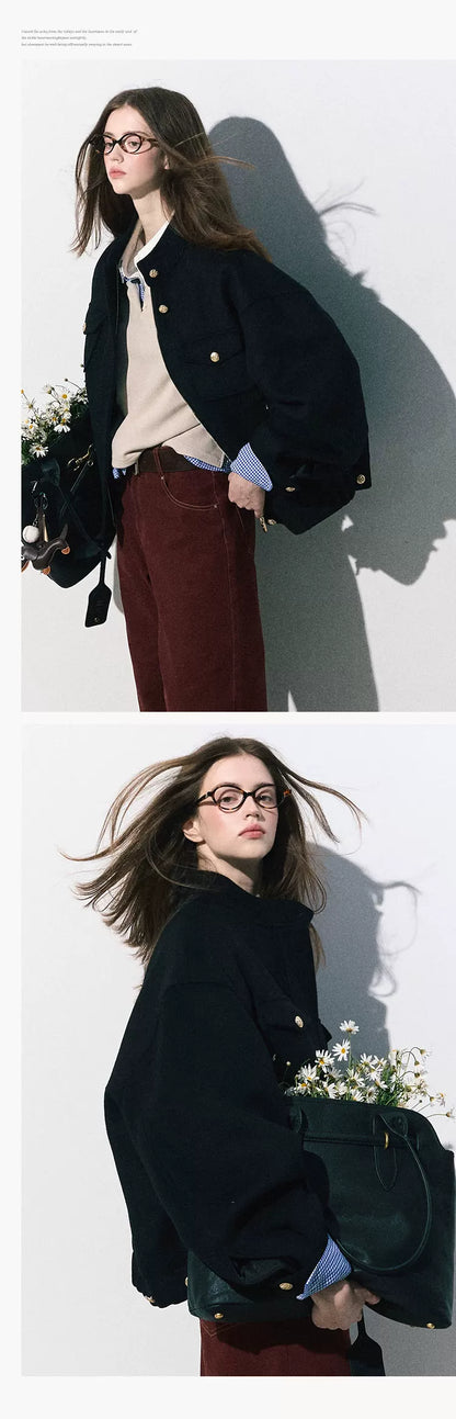 OAKMOO/ "Plum Blossom Mood" Classic Black Wool-Blend Harrington Jacket