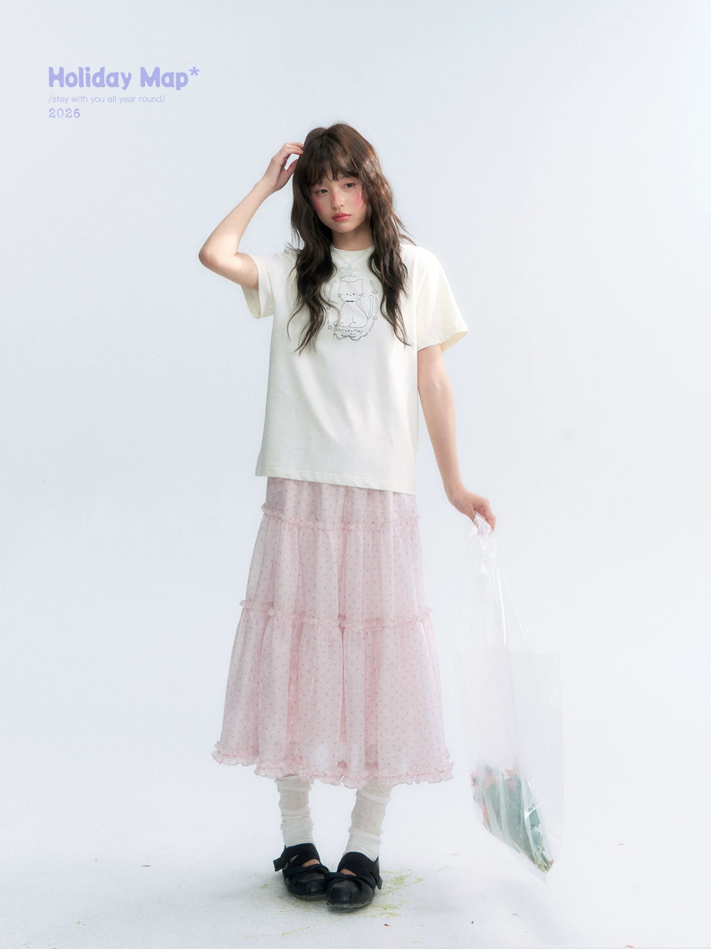 "Garden Kitty" Ivory Embroidered Cat Cotton T-Shirt