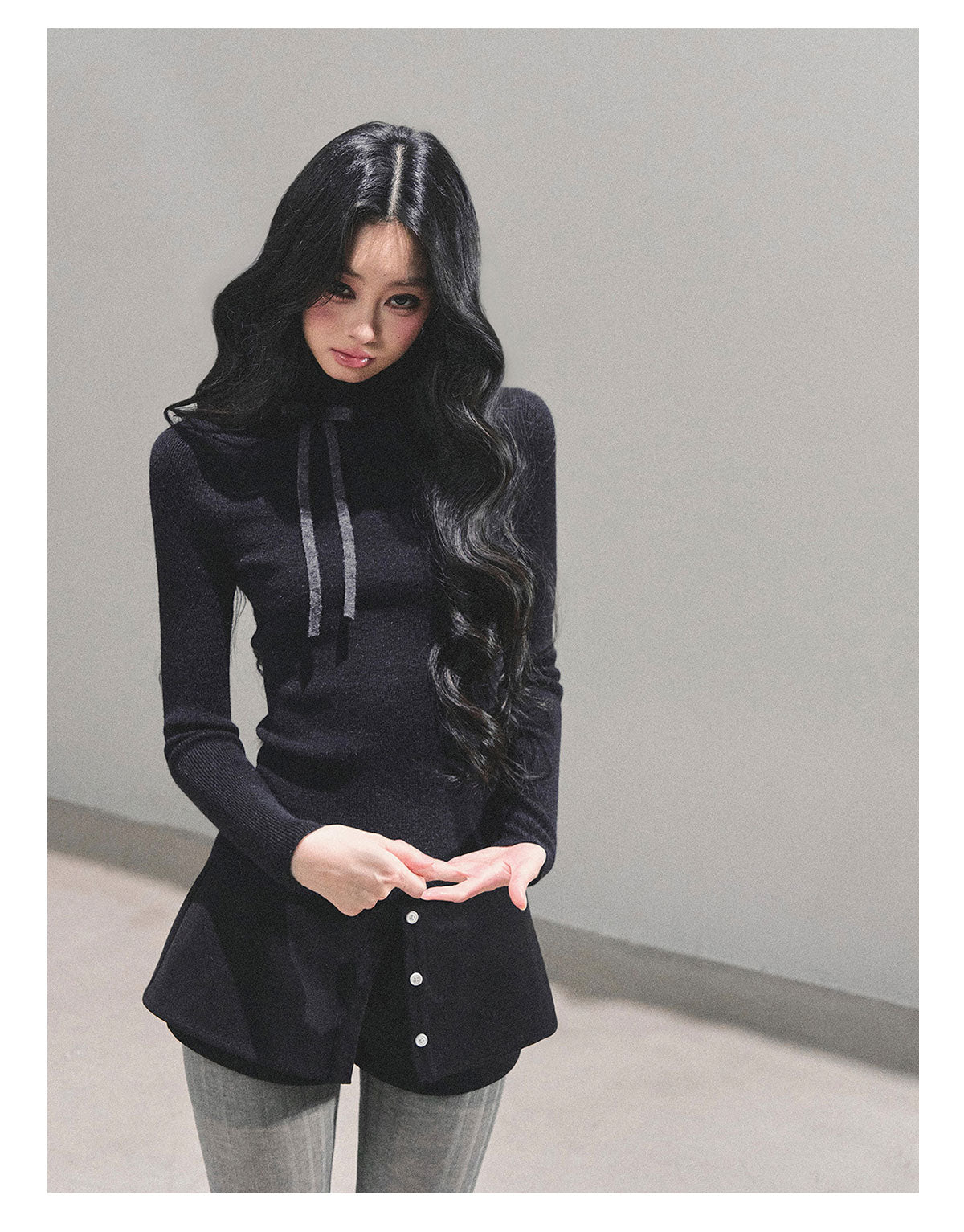 少也眼 “Velvet Touch” Semi-Turtleneck Long Sleeve Knit Top - Black 586255478