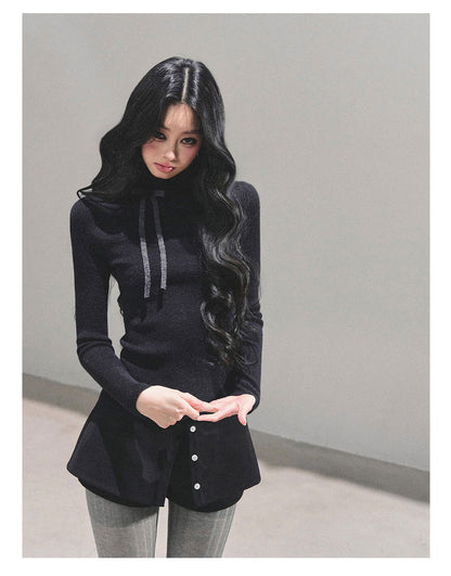 少也眼 “Velvet Touch” Semi-Turtleneck Long Sleeve Knit Top - Black 586255478