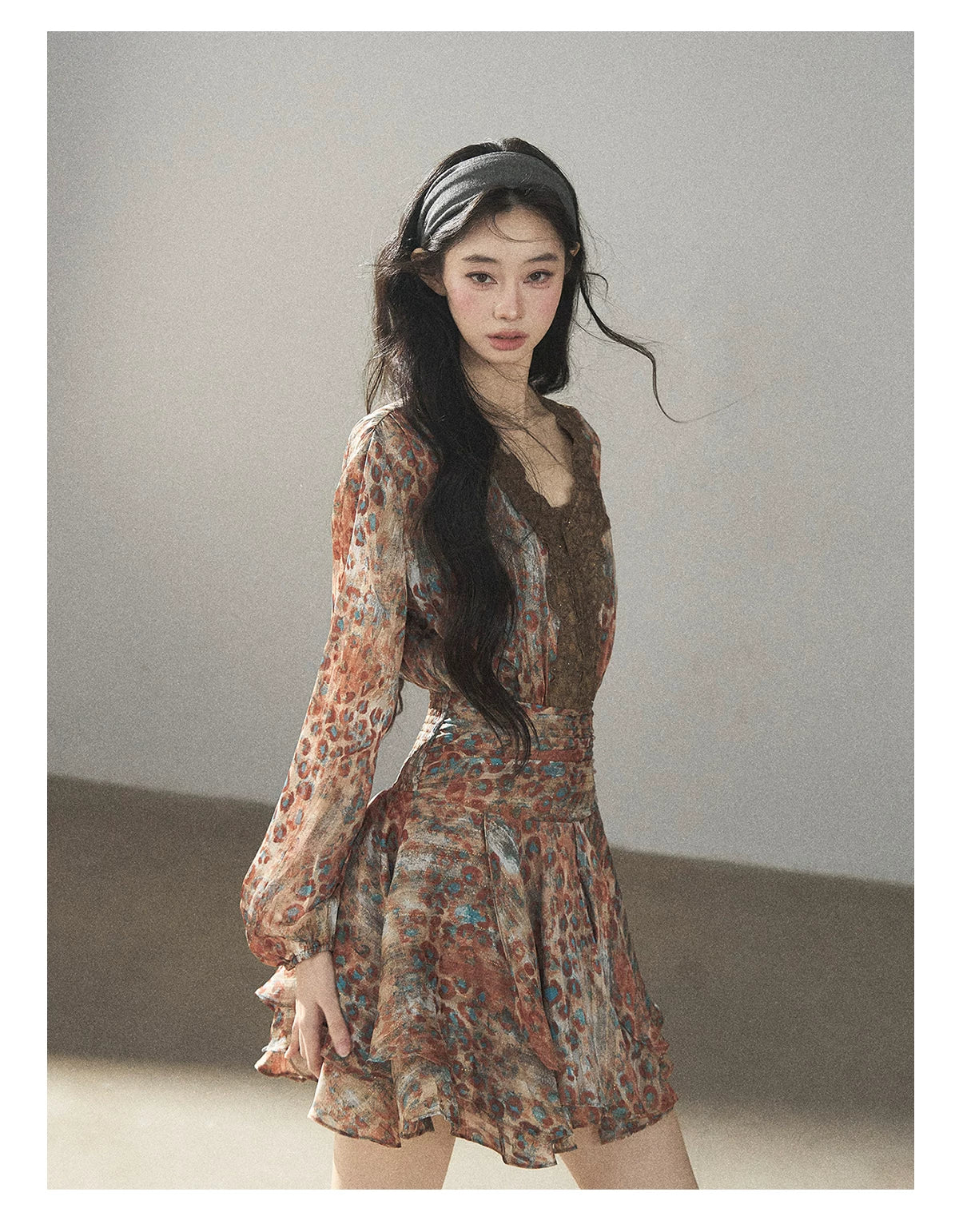 AOMALM - “Whispers of Withered Branches” Rich Cocoa French Lace Chiffon Mini Dress with Tights