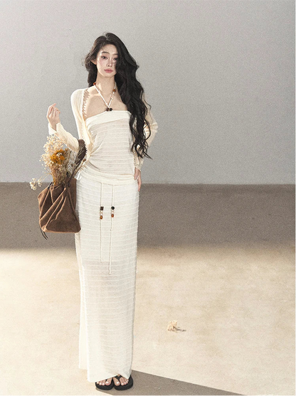 AOMALM - Creamy Ivory Convertible Knit Tube Top & Maxi Skirt Set