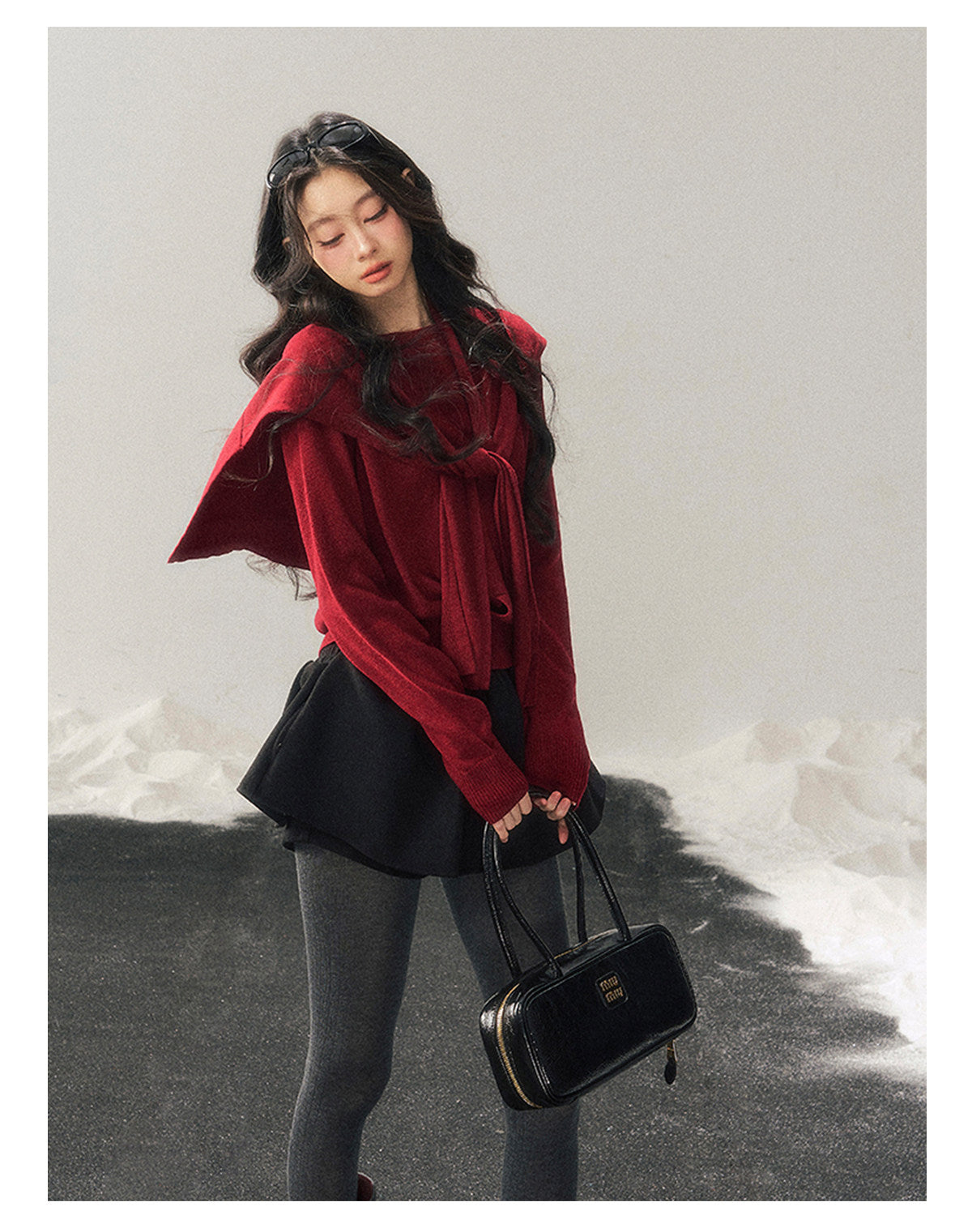 040126 "Orlane Academy" American Preppy Knit Top & Shawl Set - Angora Red