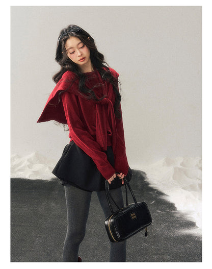 040126 "Orlane Academy" American Preppy Knit Top & Shawl Set - Angora Red