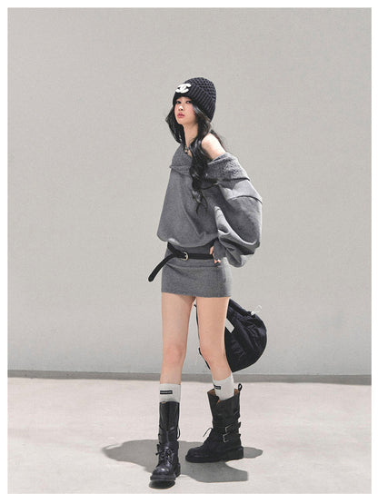 少也眼 "Silent Gravity" Off-Shoulder Oversized Sweatshirt (with Belt)