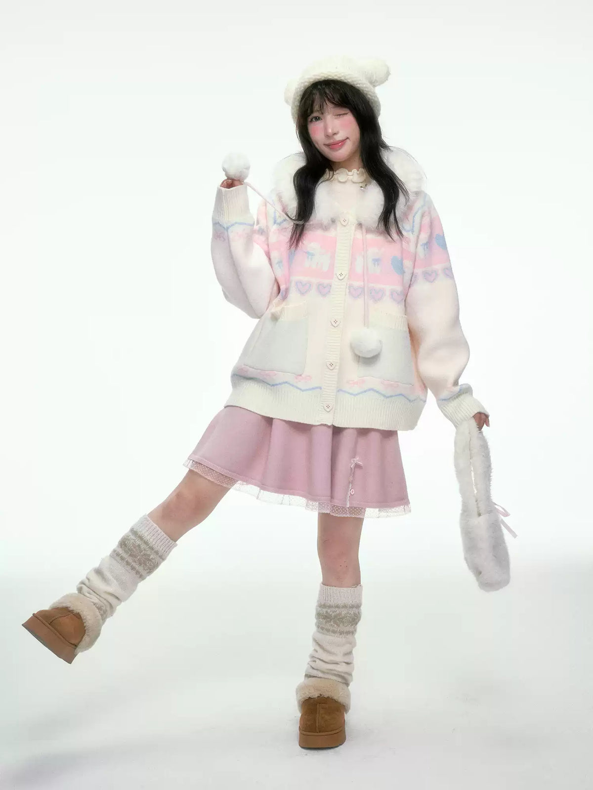 BIBIBENCY - Pink and White Hooded Knit Cardigan with Faux Fur Trim