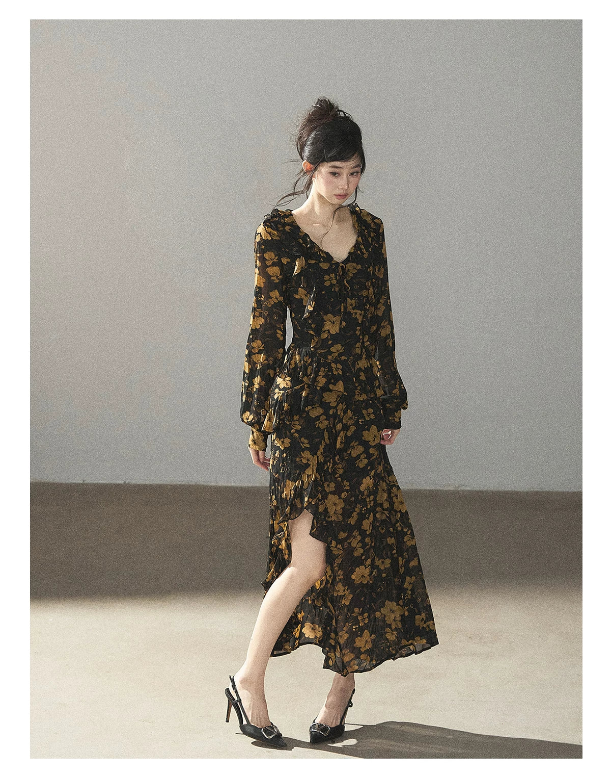 AOMALM - Black & Golden Brown Floral Ruffle Maxi Dress with High Side Slit