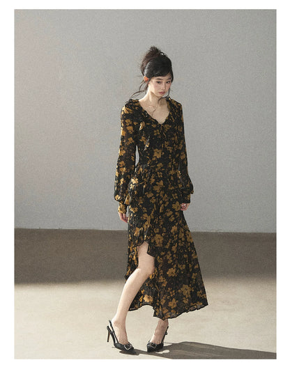 AOMALM - Black & Golden Brown Floral Ruffle Maxi Dress with High Side Slit