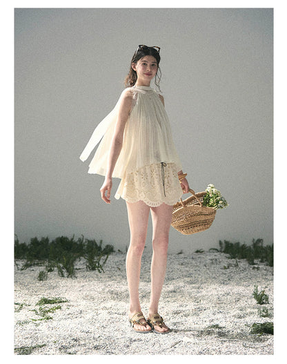 “Summer Light Through Pleats” Ivory Lace Pleated Halter Blouse