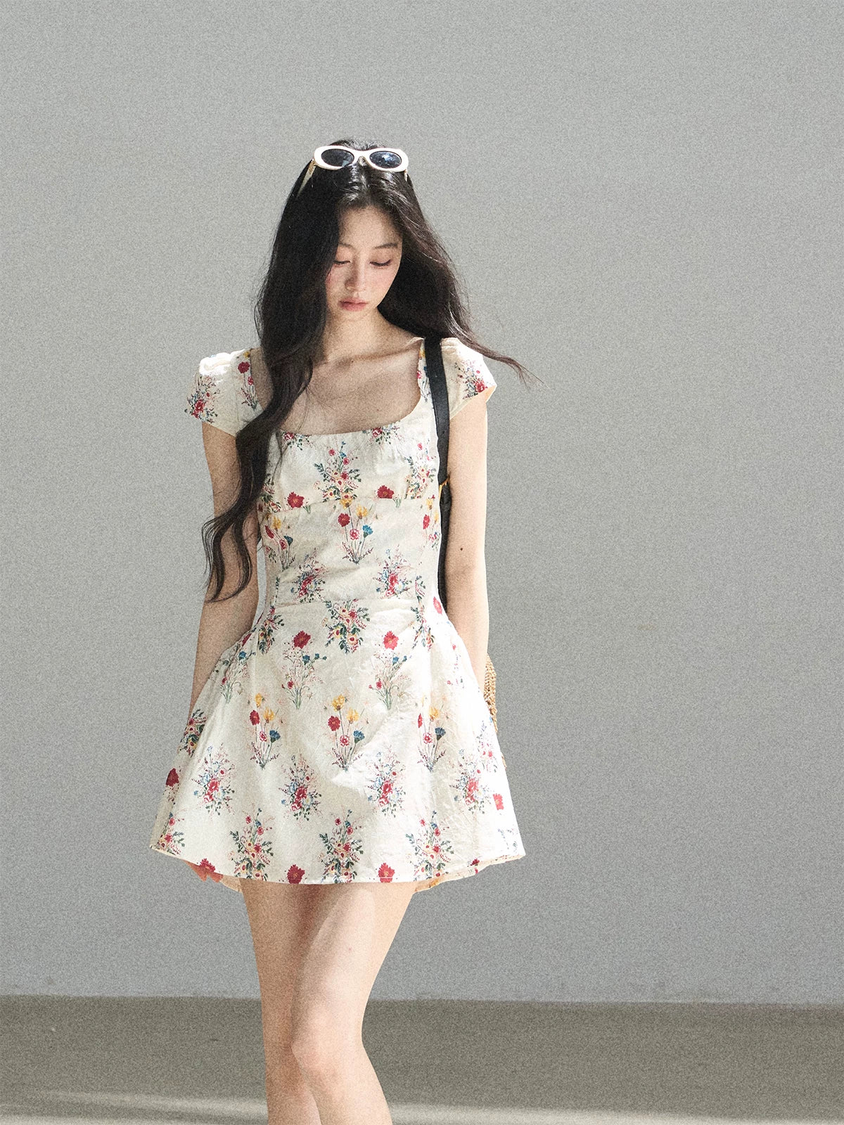 "Bloom Before Dawn" Dutch Cream Embroidered Floral Chiffon Mini Dress