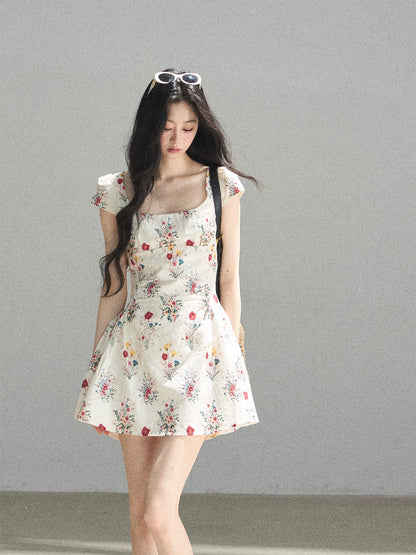 "Bloom Before Dawn" Dutch Cream Embroidered Floral Chiffon Mini Dress