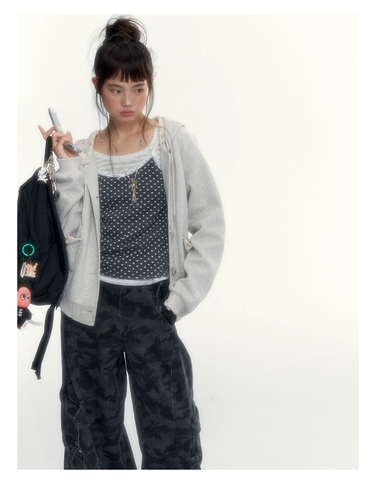“Blooming Reverie” Light Heather Gray Floral Hooded Cardigan Sweatshirt