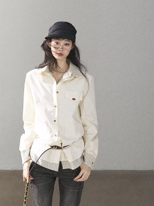 AOMALM - Cream White Stripe Belted Shirt Top