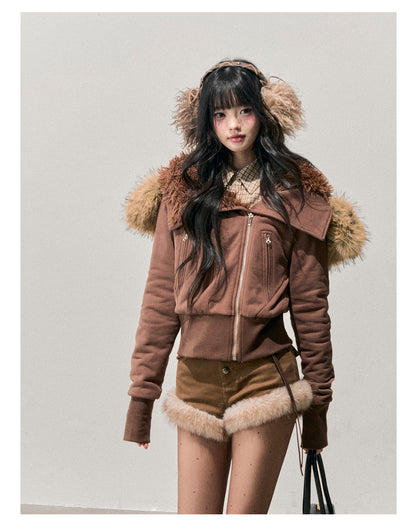 少也眼 "Warm Wilderness" Faux Fur Hooded Knit Jacket