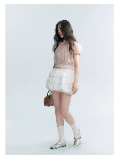Vintage Stand Collar Bow Puff Sleeve Waist-Cinching Blouse with Knit Cami Set