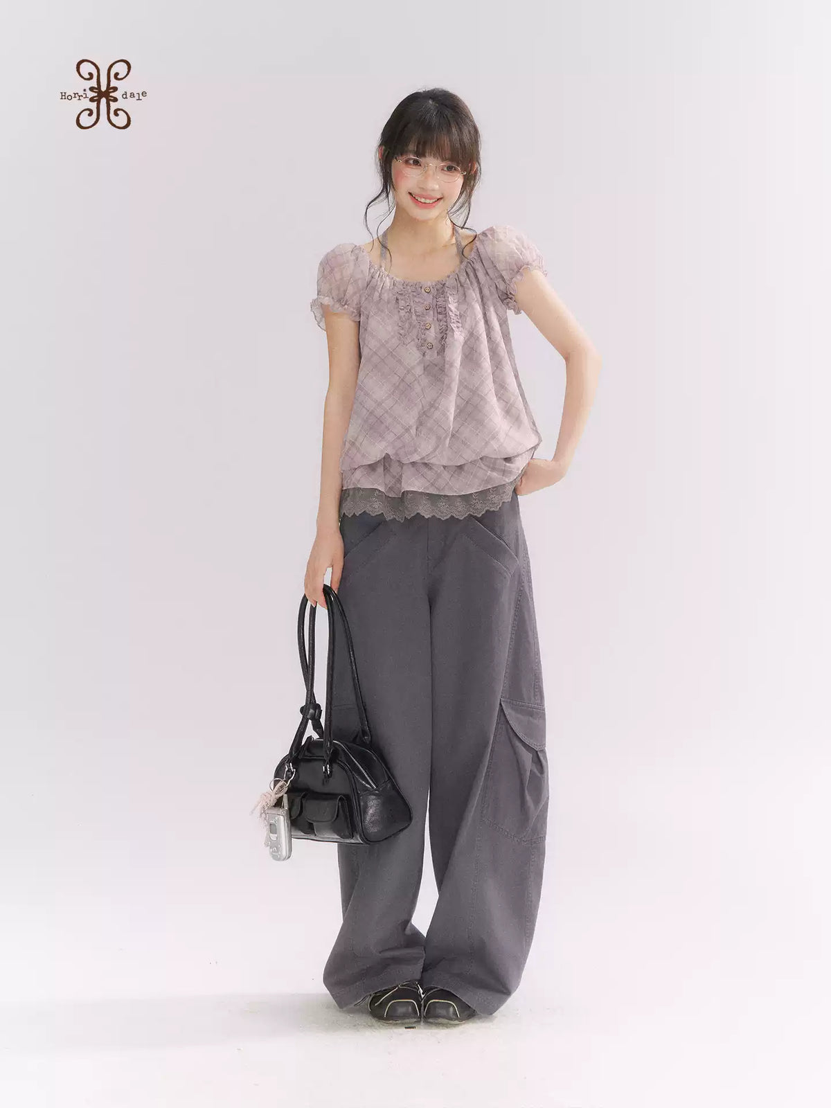 “Misty Plum Plaid” Gray-Purple Plaid Lace Trim Halter Top