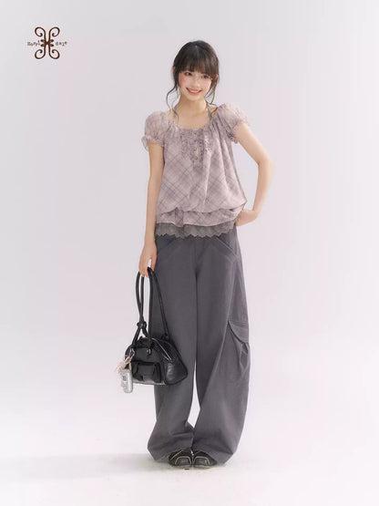 “Misty Plum Plaid” Gray-Purple Plaid Lace Trim Halter Top