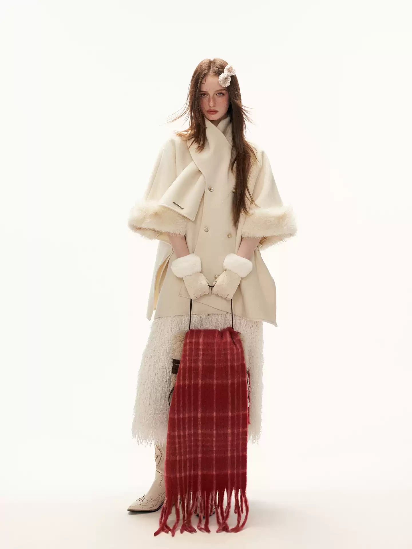 MAMC - White Scarf-Trim Faux Fur Cape Jacket WE889