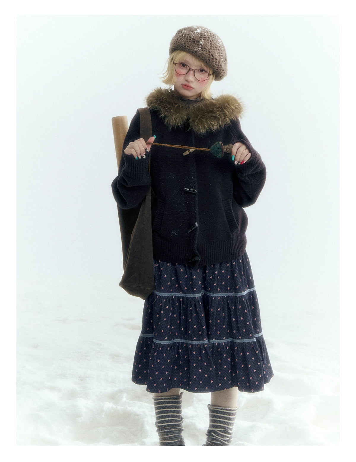 Horridale - Dark Coffee Brown Hooded Knit Cardigan with Detachable Faux Fur Collar